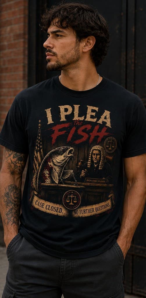 Model wearing an Iron Fish Studios graphic tee against a brick wall
