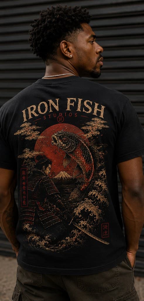 Model wearing an Iron Fish Studios graphic tee, back view, against a corrugated metal shutter