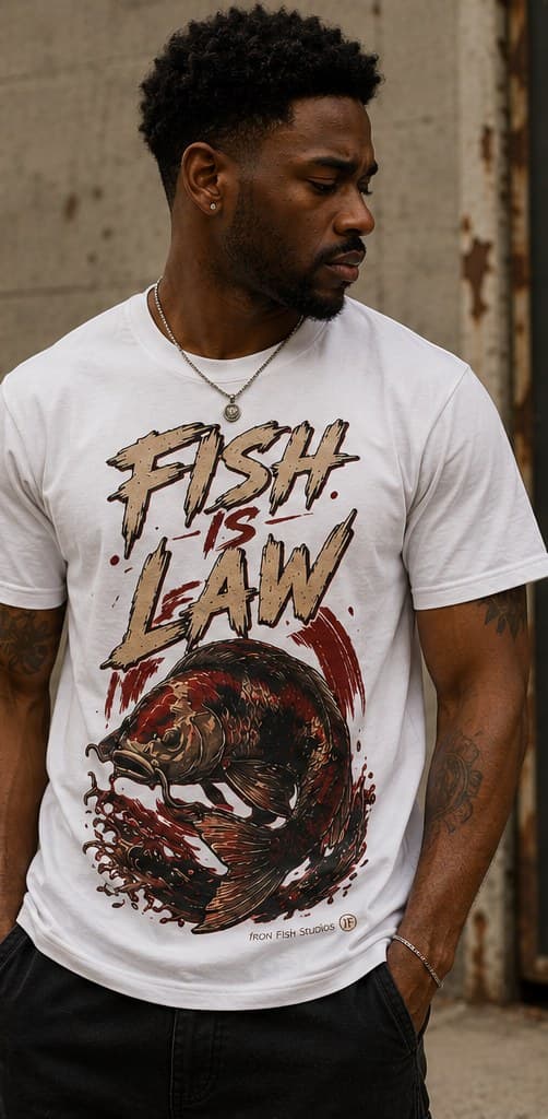 Model wearing an Iron Fish Studios graphic tee against a concrete wall